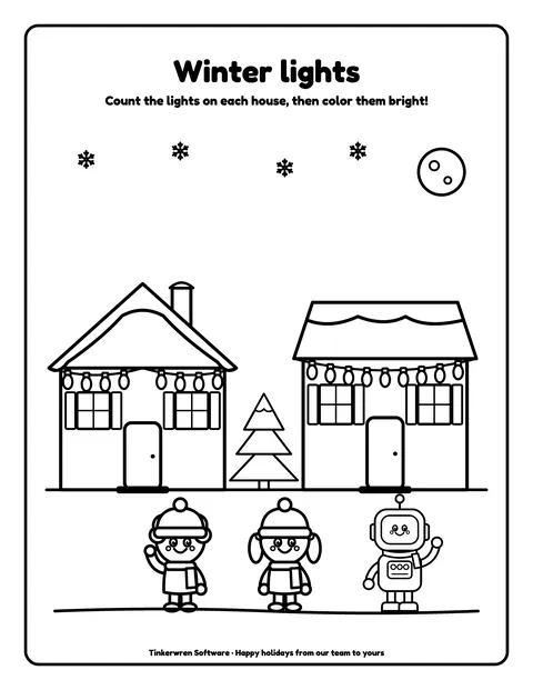 Sample coloring/counting page 11 from the Tinkerwren Software demo book: houses with winter lights. Fictional business.