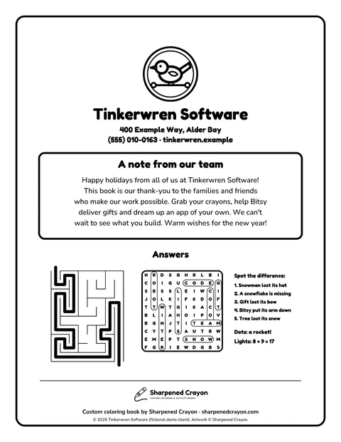 Sample back cover page 12 from the Tinkerwren Software demo book: client logo, contact placeholders, note, answer keys, studio credit. Fictional business.