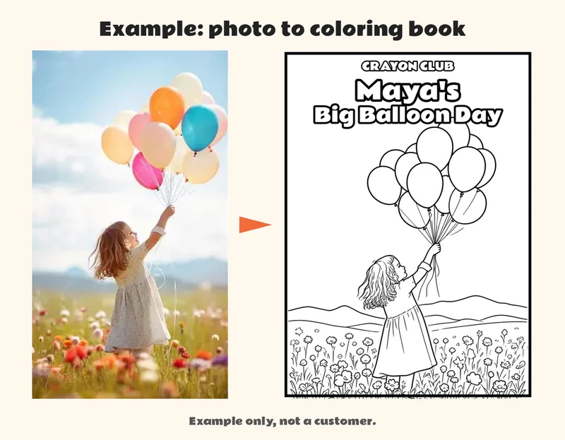 Example: photo to coloring book. On the left, a photo of a young girl in a white dress holding a bunch of balloons in a flower field; on the right, the same girl and pose in bold black line art on a coloring-book cover titled Maya's Big Balloon Day.
