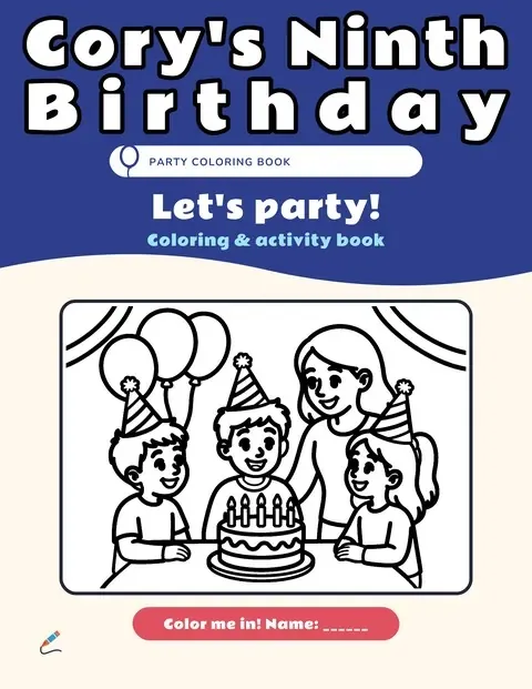 Sample cover “Let’s party!” for Cory’s Ninth Birthday: kids in party hats around a birthday cake with balloons